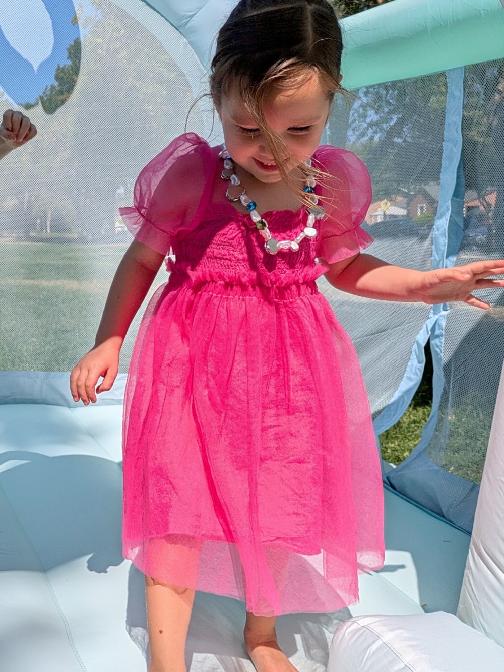 All Small Co Hot Pink Tulle Puff Sleeve Princess Dress